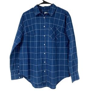 Womens A New Day Sz L Cotton Button Up Long Sleeve Blouse Shirt Blue Plaid 3588